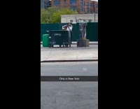 Guy reads newspaper standing in green dumpster