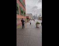 Woman white jacket kick dance street overcast