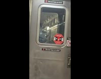 Person looks to be riding between subway cars