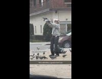 Man feeds birds with food in hand