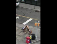 Bronze living statue guy pushes chair sidewalk 