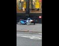 Collab WINY - Man sleeps near bicycle on sidewalk bench