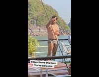 man tiger print underwear selfies boat