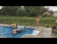 Man jumps into pool, kicks football, and flips over inflatable toucan floaty