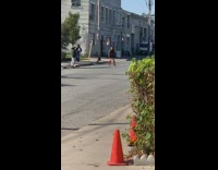 Woman brown long boots middle street pictorial
