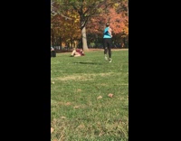 Girl blue tank top run park autumn