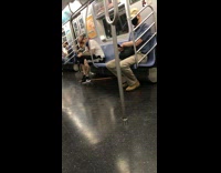 Guy wearing dinosaur mask rides subway 
