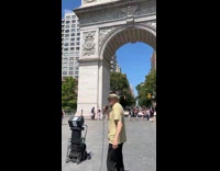 Old man sings jazz at park 