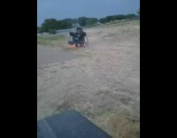 Guy in blue ATV four wheeler flips forward rolls grass jump
