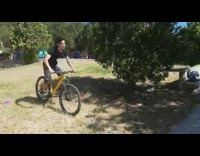 Guy rides bicycle up ramp falls fail 