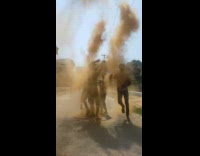 People throw dirt dance celebrate holi