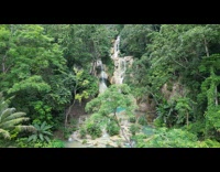 Drone Hovers Away from Waterfalls in Forest