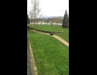 Guy trips and flips over on green bike while riding on park trail