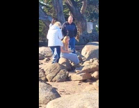 Woman sits on beach seen feeding squirrels