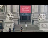 Girl dances stairs museum entrance black shirt