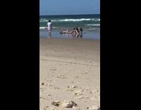 Two girls splits guy beach sand WAP 