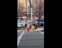 Women Elf costumes run crosses the road