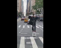 Lady on step stool pulls pants up