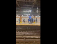 Collab Subway Creatures - Man rides skateboard with canes at subway