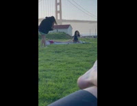 Girl white underwear lay front grass bridge