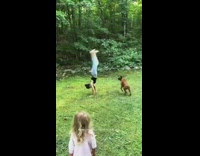 Girl crashes and backflips onto dog 