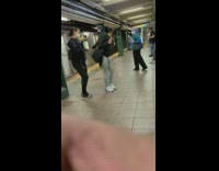 Two girls black jacket dance NYC subway