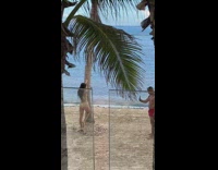 Woman in bikini poses by the pool and at the beach tree
