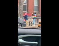 Three people weird costume tiktok video sidewalk