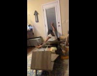 Collab Clips MPUGC2 - Woman sitting on table kicked by friend falls 