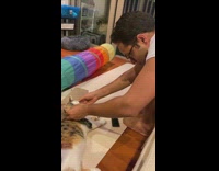 Orange cat gets cheeks rubbed 