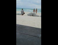 Two women in bikini hold hands walk towards the beach