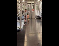 Woman in subway train with dog puppet