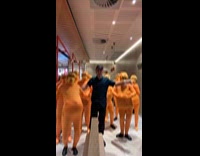 Women in Lorax costume dances with employee