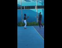 man dance in blue basketball court