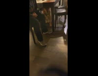 Large brown dog sits under wood table 