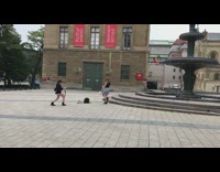 Girl blue skirt back and forth fountain