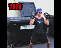 Guy lifts weight trash bin beer can