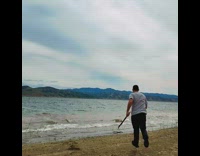 Guy throws stick video edited dolphin catches it