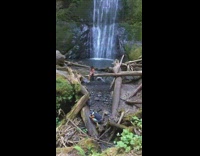 Black hat girl poses tree log waterfall 