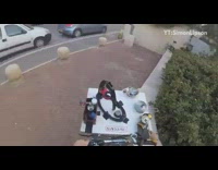 Guy makes espresso coffee while riding bicycle 