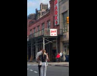 Man devil thong underwear costume dance on street