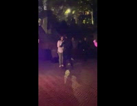 Police dance to a woman along street at night 