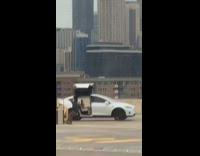Guy on roof falls while photographing car