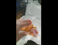 Guy aggressively opens Styrofoam box of mozzarella sticks 