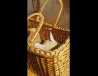 Brown cat lays inside straw basket sunbathes 