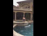 Kid backflips and catches football into swimming pool