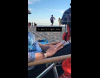 Neon green bikini girl purple shirt guy