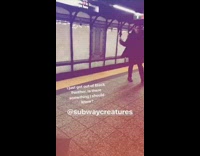 man uses umbrella as pretend sword on subway platform
