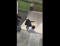 Black Jacket Kid Glasses Drops In Halfpipe Skateboard Falls 