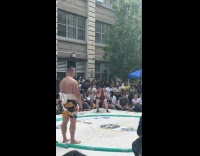 Crowd enjoys  sumo wrestling match at park